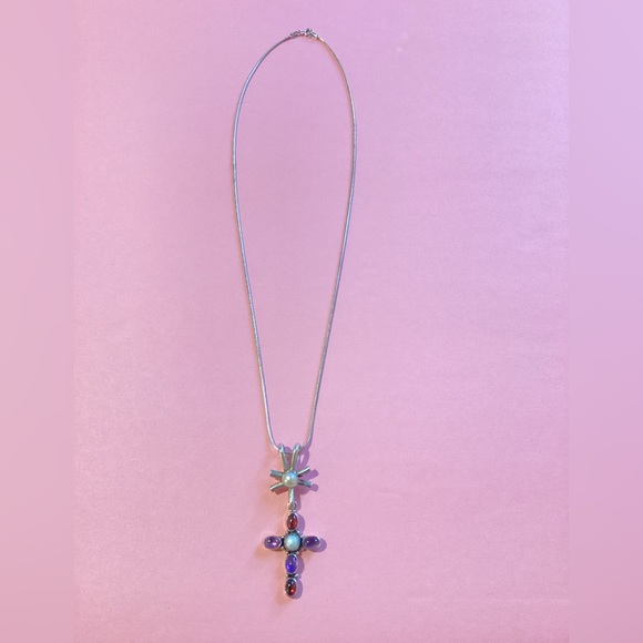 Nakai stamped sterling cross with Amethyst, Garnet, & pearl necklace & pendant - Picture 2 of 7